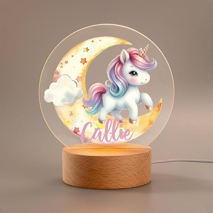 Personalized LED Night Light - Custom Name & 20 Patterns, Cute Unicorn Lamp with Wooden Base for Bedroom Decor, Gifts for Kids Girls Boys