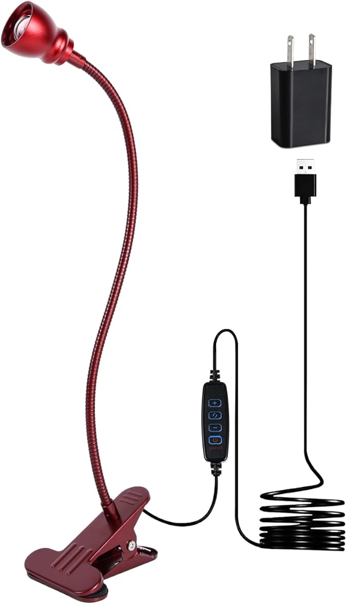 Zoomable Clip on Light, Clamp Reading Light for Dorm Bed Headboard, Dimmable Spotlight with 3 Color Temperature Options, 10 Dimmable Brightness Levels, Adjustable Beam Angle (Red)