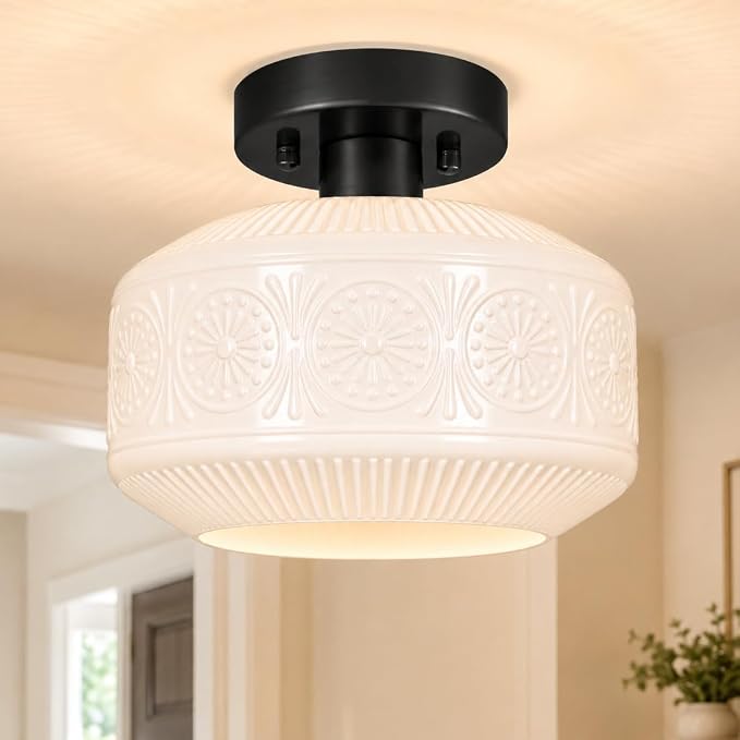 DSMJFU Black Semi Flush Mount Ceiling Light, Vintage Small Ceiling Light Fixture, Thickened White Glass Hallway Lighting Fixture, Kitchen Ceiling Mount Light for Entry Way, Bedroom, Bathroom