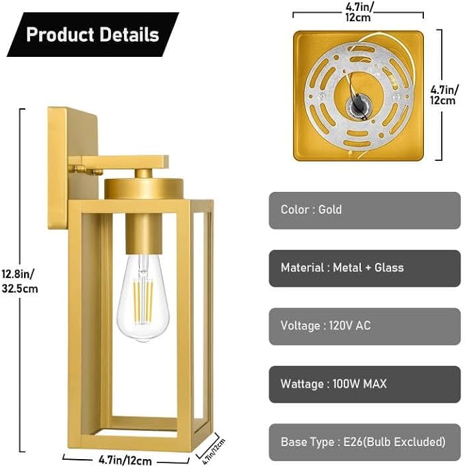 Outdoor Wall Light Fixtures, Gold Exterior Wall Lanterns | Waterproof Metal Construction, Rust-resistant, Quick & Easy Installation, Clear Glass Shades & Standard E26 Socket