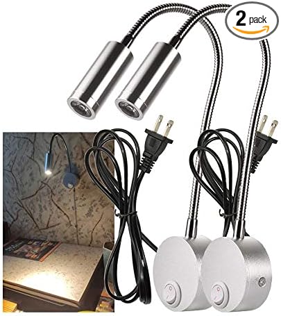 2-Pack Sleek Silver Bed Reading Light Wall Mount Lamp, 25° Focused Beam 3000K Warm White Adjust Neck Lamp, Polished Finish & Sand Silver Base, 4.92ft Plug-in, AC 85-265V