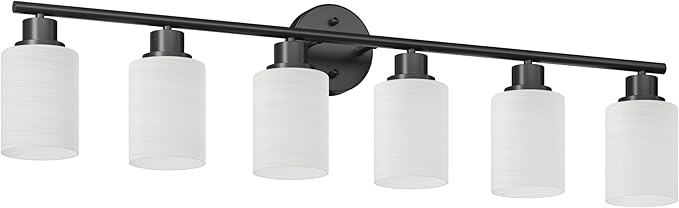 6-Light Bathroom Light Fixtures, Vanity Lights for Mirror with Textured Milky White Glass Shade, E26 Base Modern Kitchen Light Fixtures Wall Sconce Light - Black