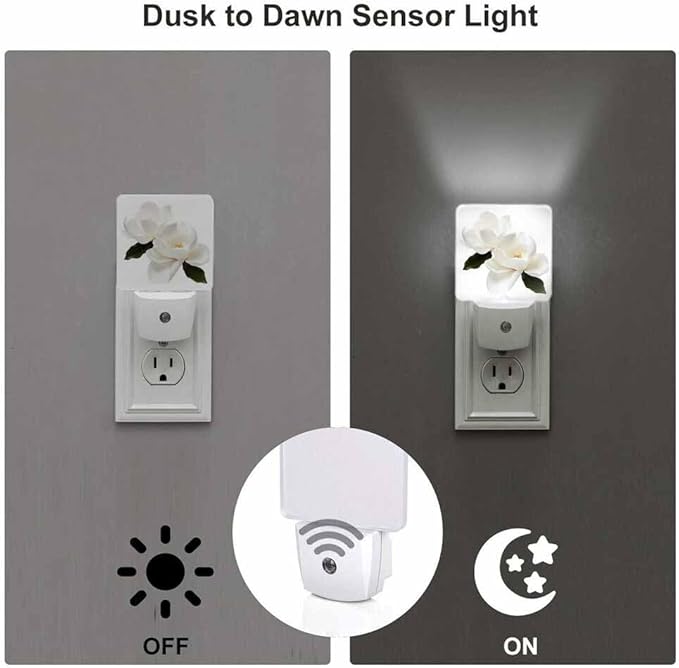 Magnolia Flower Night Light Plug-into Wall White Flowers and Green Leaves Nightlight Lamp with Dusk to Dawn Sensor, Led Lamp 0.5W Energy Efficient for Home Decor