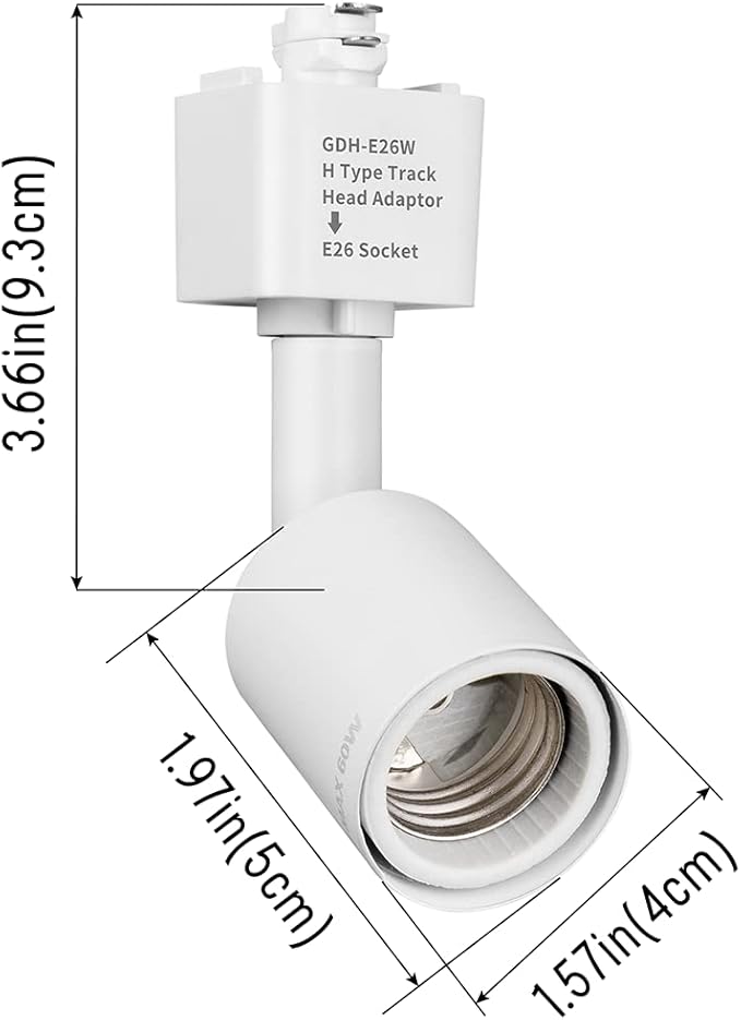 mirrea H Type Track Lighting Head to E26 Medium Screw Base Adapter Light Direction Adjustable Pack of 3 (White)