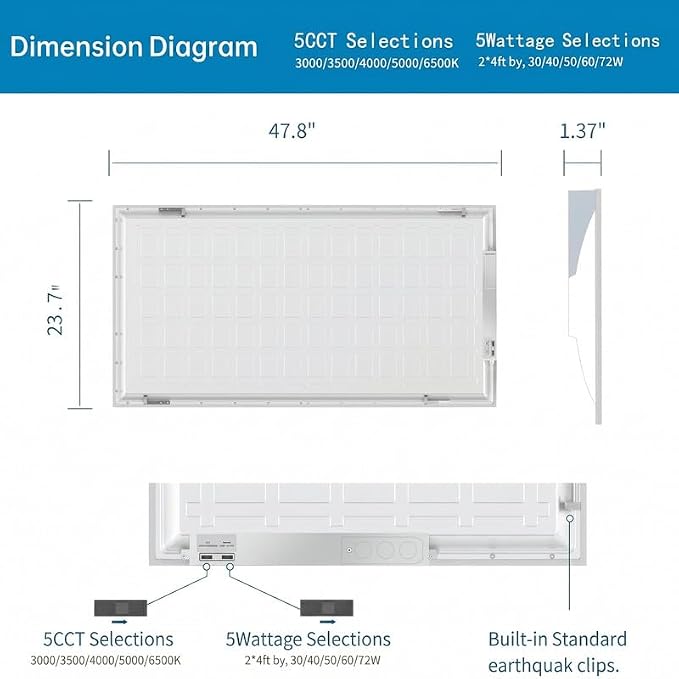 4 Pack 2x4 LED Flat Panel Light for Drop Ceiling, 9360lm Selectable 30W/40W/50W/60W/72W, Color Temperature 3000K/3500K/4000K/5000K/6500K, 0-10V Dimmable, 120-277V, ETL