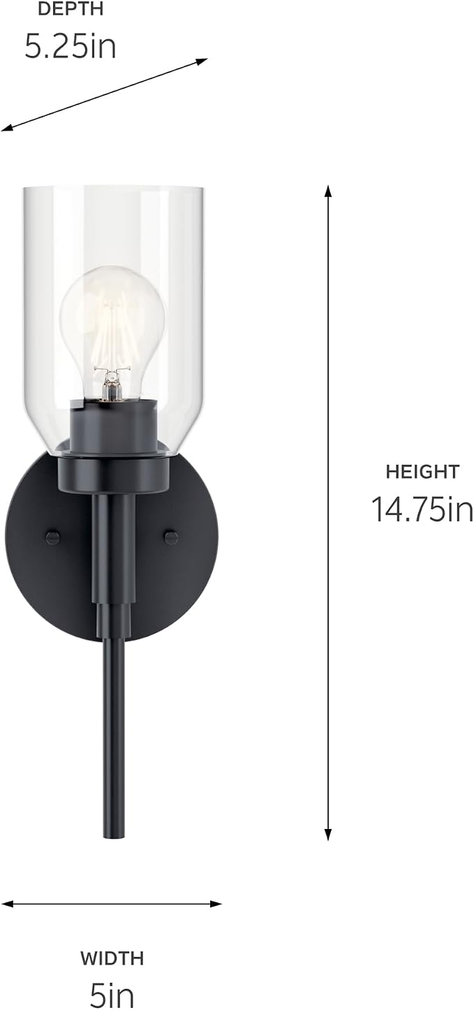 Kichler Madden 1-Light Bathroom Wall Light, Black | Modern wall light with clear glass for bathrooms and hallways (14.75" x 5"), 55183BK