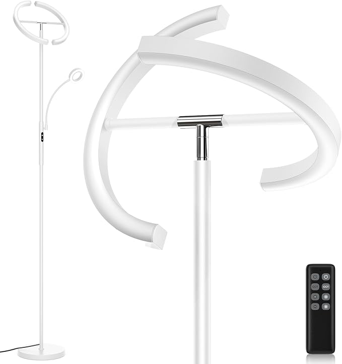 White LED Floor Lamp - Dimmable 2 Lights Standing Lamp with Remote&Touch Control, 4 Color& 10 Brighness Adjustable Floor Reading Light, Modern Tall Lamp for Living Room Bedroom Office Corner