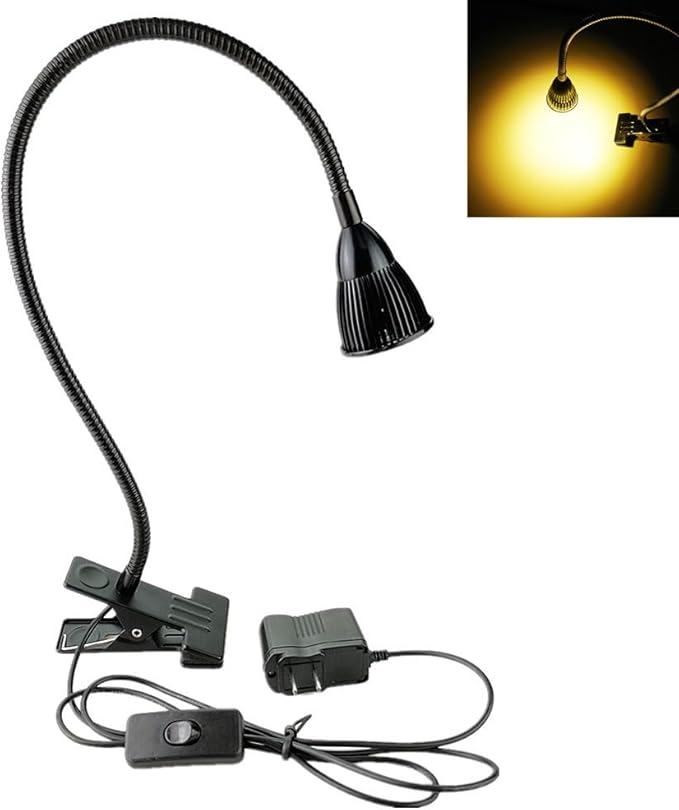 QUANS 5W Clip on Clamp Gooseneck COB LED Desk Table Light lamp Warm White 19inch Neck Black