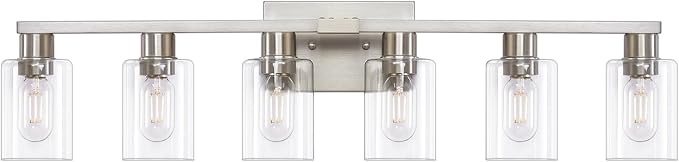 6 Light Bathroom Light Fixtures, Bathroom Vanity Light with Clear Glass, Brushed Nickel Bathroom Lighting Fixtures over Mirror, Large Vanity Lights for Bathroom, Vanity Lights for Mirror, Wall Sconce