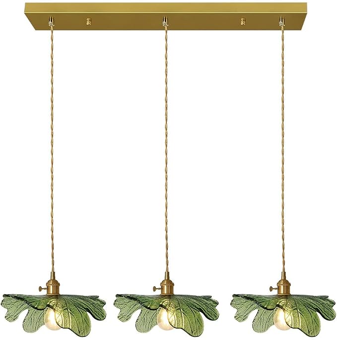 Glass Chandelier for Dining Room Vintage Chandelier Lighting 3-Light Hand Blown Gold Mid Century Modern Pendant Light with Green Glass Shade for Kitchen Island Bedroom Living Room