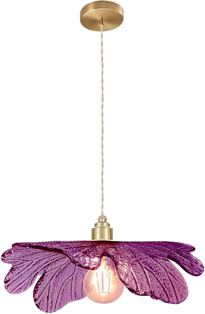 Purple Glass Pendant Light Fixtures 15.75" Large Flower Petal Ceiling Hanging Light Statement with Brushed Gold Base Mid Century Modern Chandelier for Kitchen Island Dining Room Living Room Foyer