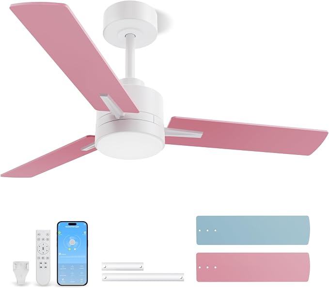 LANMEL Metal Ceiling Fan with Lights and Remote, 42 Inch, Pink & Blue | Modern Low Profile Flush Mount, Reversible, 3CCT Dimmable, Quiet, LED, For Bedroom, Living Room, Indoor/Outdoor Patio Use