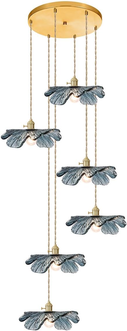 Foyer Chandelier for High Ceilings long Blue Floral pendant light Mid Century Glass Hanging Ceiling light Brushed Gold Flush Mount Ceiling Chandeliers for Staircase Entryway Living, Adjustable Height
