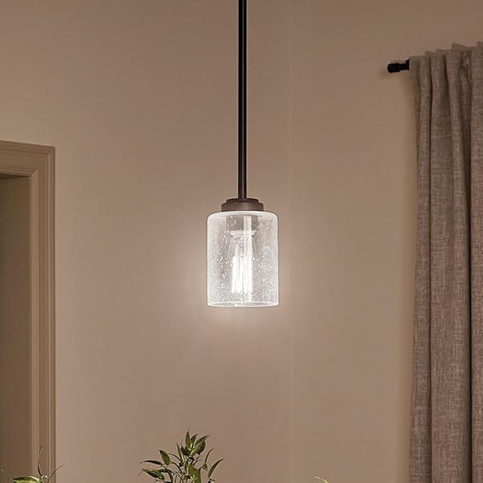 Kichler Winslow 7.5" 1-Light Mini Pendant Light with Clear Seeded Glass in Black for Kitchen, Bar, Laundry Sink, Bar Island (7.5" x 4.25"), 44032BK