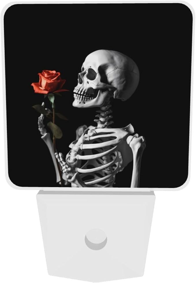 Skull Skeleton Red Rose Night Light Set of 2, Rock and Roll Auto Sensor LED Dusk-to-Dawn Nightlights, Plug-in Sensor Lamp for Bedroom Bathroom Kitchen Hallway Stairs Decorative