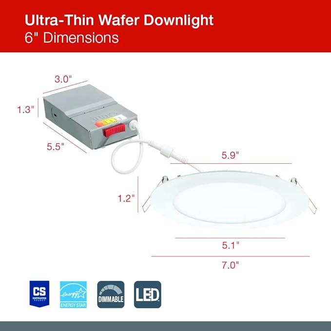 Juno LED Recessed Lights 6 Inch Round Wafer Downlight, 5-in-1 Switchable White Color Temperature, 120 Volts, 6-Inch Ultra-Thin Flat Trim, Matte White, 6-Pack (WF6 SWW5 90CRI CP6 MW M2)