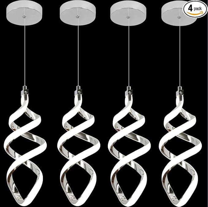 4 Packs Pendant Light, 15W Spiral Led Pendant Light, 4500K Modern Pendant Lights Kitchen Island, Adjustable Height Pendant Light for Dining Room Bedroom Kitchen Island Cafe