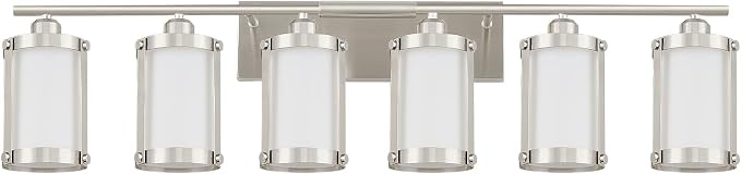 6-Light Brushed Nickel Bathroom Light Fixtures Over Mirror with Frosted Milk Glass and Metal Cage Shade, 42" UL-Listed Modern Farmhouse Wall Sconce for Bath, Hardwire E26, OS-3014BNW-6W