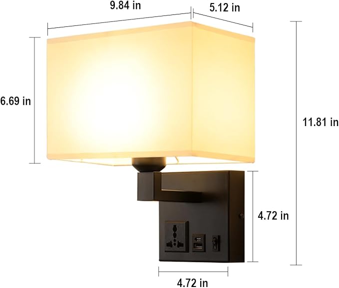 Plug in Wall Sconces, Wall Lamp with Black Base Square lampshade | Wall Lights for Bedroom Bulb Included, Wall Mounted Lamp with 3 Color Temperature, Bedside Lamps with USB Ports and AC Outlet