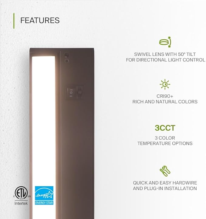 ASD Swivel LED Under Cabinet Lighting Bronze, 18 Inch 8W, Hardwired or Plug-in, 2700K/3000K/4000K, Hi/Low Switch, Rotatable Lens, Dimmable Linkable Under Counter Light for Kitchen, ETL & Energy Star