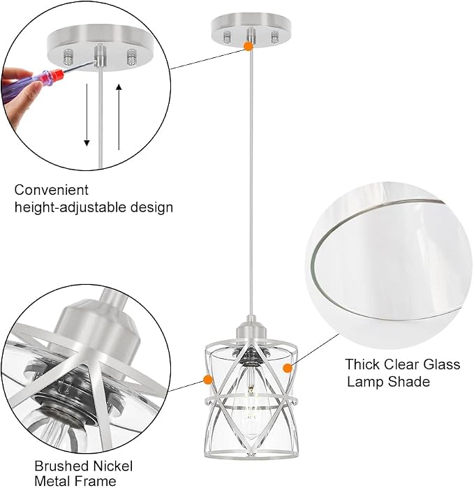 Brushed Nickel Pendant Lights for Kitchen Island, 2 Pack Adjustable Bathroom Pendant Light, Modern Hanging Lights with Clear Glass for Dining Room Island Sink, E26 Base,5.51'' Shade 59.06''Cord
