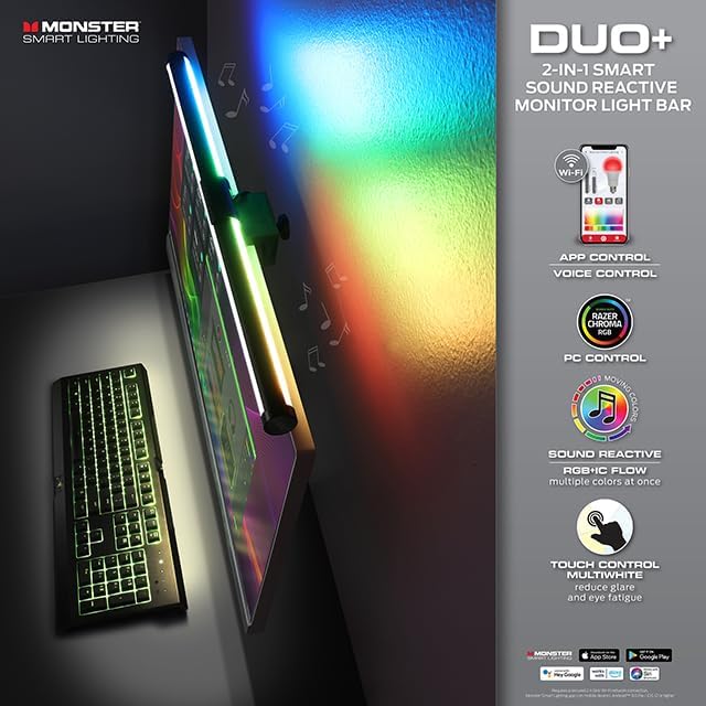Monster Duo Monitor Light Bar: Reduce Glare, Enhance Comfort, Boost Style, Level Up Your Gaming Atmosphere — 2-in-1 RGBIC & Multiwhite LED, App Voice Touch Control, Alexa Google Razer Chroma