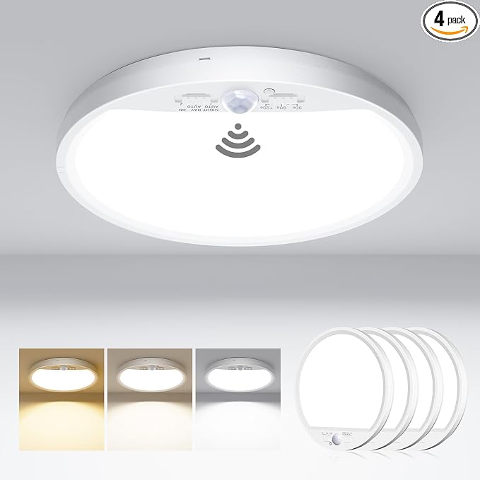 hepside 4 Pack Motion Sensor Ceiling Light Wired, 3000K/4000K/6500K LED Flush Mount Ceiling Light Fixture, 7Inch 15W Motion Sensor Light Indoor with Timer for Closet Stair Porch Hallway Pantry,White