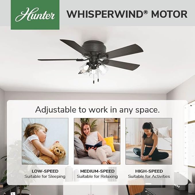 Hunter Crestfield, Indoor, Ceiling Fan, Quiet, 52 inch, Noble Bronze | with LED Lights and Pull Chain, Low Profile Flush Mount, 5 Blades, For Bedroom, Living Room, Kitchen, 54208
