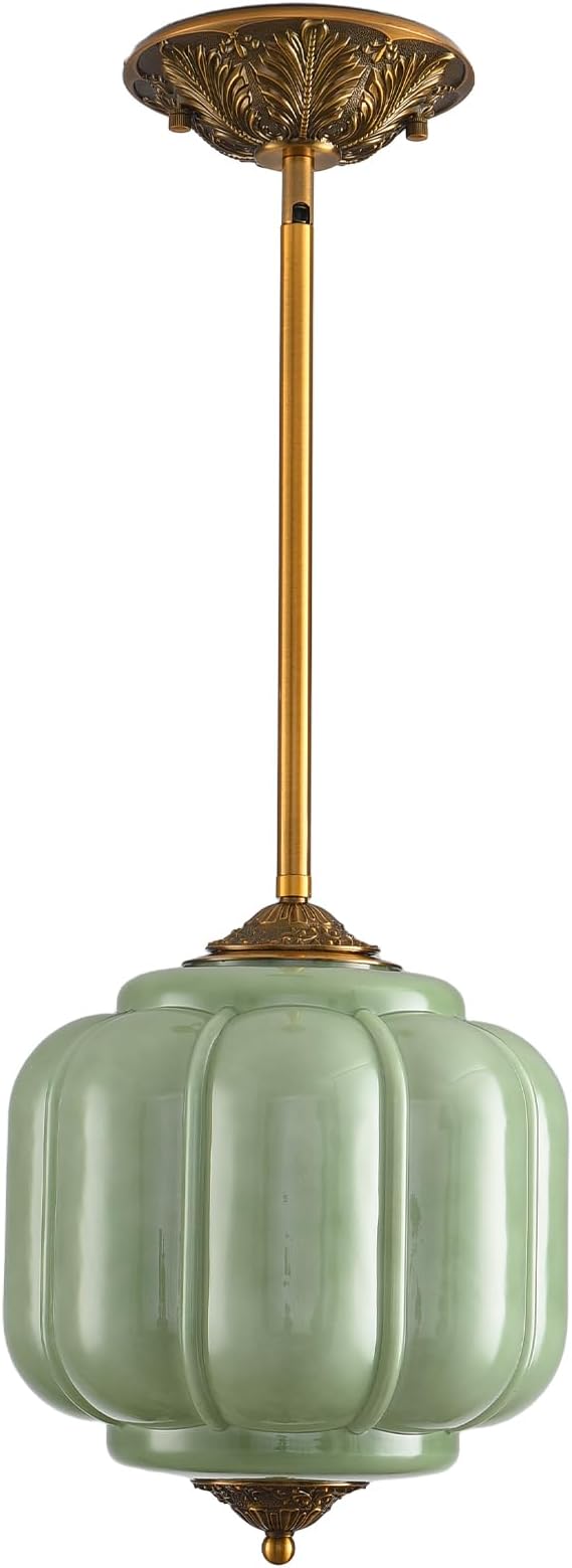 LOUSACE Vintage Milk Glass Pendant Light Fixture, 10 Inch Green Semi Flush Mount Ceiling Light for Dining Room, Bedroom, Hallway, Entryway (Bulb Included)