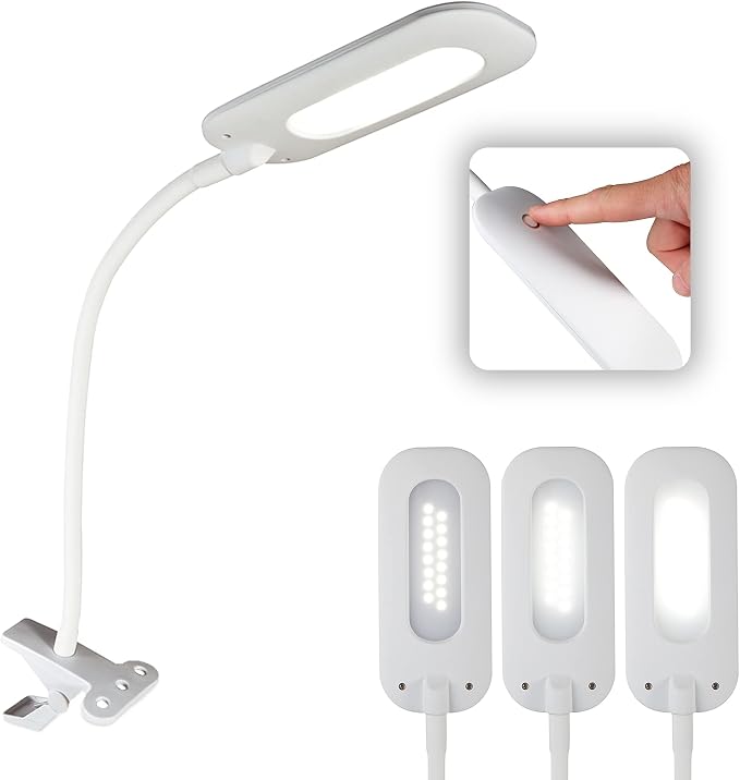 OttLite Soft Touch LED Clip Lamp, 3 Brightness Settings, White | ClearSun LEDs Reduce Eyestrain | Sturdy Spring-Loaded Clip | Flexible Neck | Touch-Activated Controls