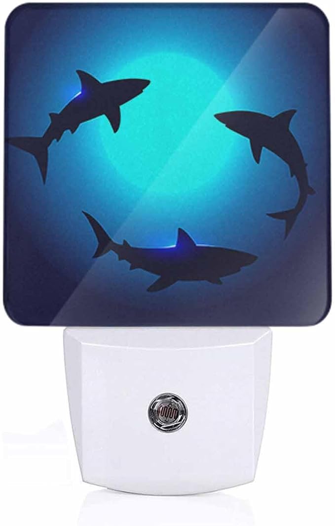 Sharks Night Lights Plug into Wall Three Sharks in The Deep Blue Ocean Night Light with Dusk to Dawn Sensor for Home Bedroom Bathroom Living Room 0.5W Sleep-Friendly