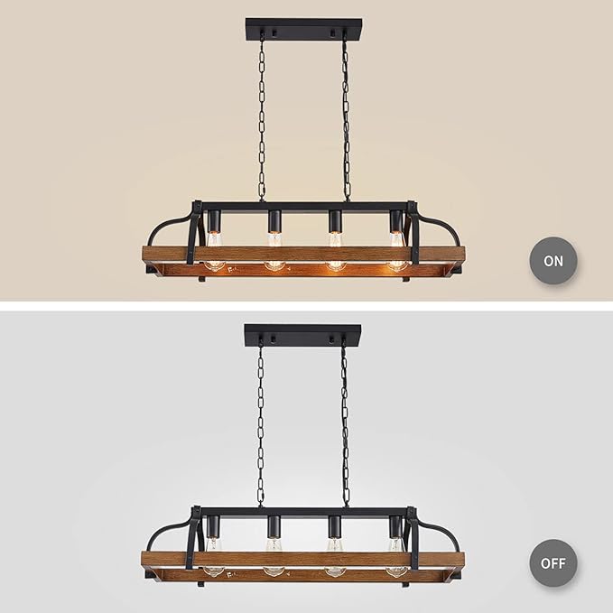 WUZUPS 4-Light Metal Pot Hanging Rack Chandelier Imitation Wood Grain Linear Pendant Ceiling Lighting Rustic Farmhouse Fixture Kitchen Island Dining Room, H 9.8" x L 34.6" x W11.8, E26 Base, Black