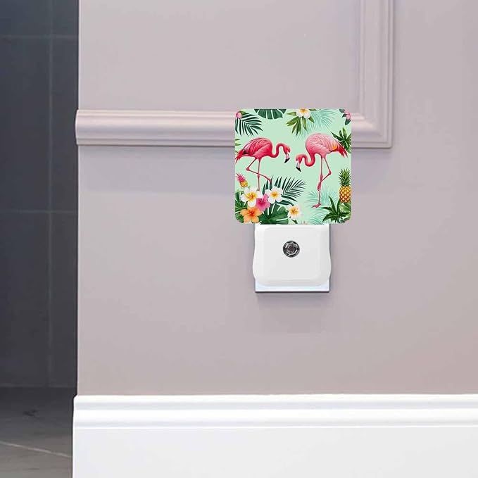 Pink Flamingos Night Light Tropical Flowers and Palm Leaves 0.5W Night Lights Auto LED Lamp Energy Saving Square Lights for Room Bedroom Bathroom