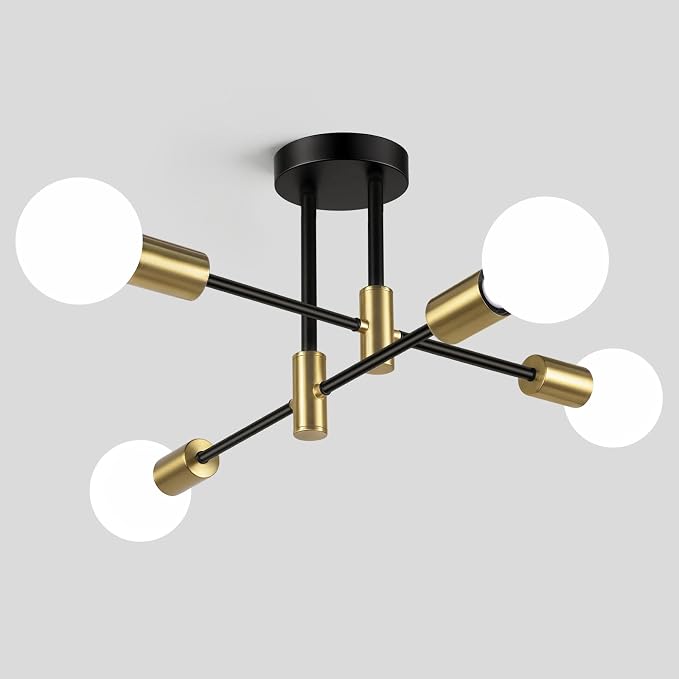 4-Light Modern Black and Gold Sputnik Chandelier | Industrial Semi Flush Mount Ceiling Light Fixture for Kitchen Dining Room Living Room Bedroom Foyer