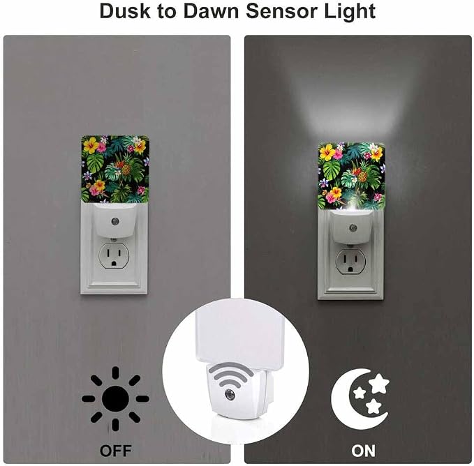 Pineapple Night Light Tropical Palm Leaves and Flowers 0.5W Night Lights Auto LED Lamp Energy Saving Square Lights for Room Bedroom Bathroom
