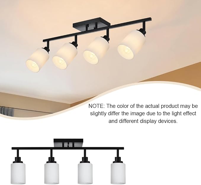Adjustable Ceiling Spotlight in Black, 4-Lights Kitchen Island Light Fixtures Ceiling Wall Mount, Track Lighting Kit with Opal White Glass Hallway Dining Room