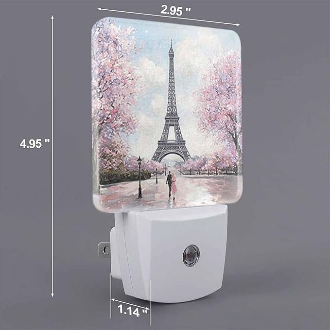 Eiffel Tower Night Lights Plug into Wall Pink Trees and Couples in Paris Night Light with Dusk to Dawn Sensor for Home Bedroom Bathroom Living Room 0.5W Sleep-Friendly