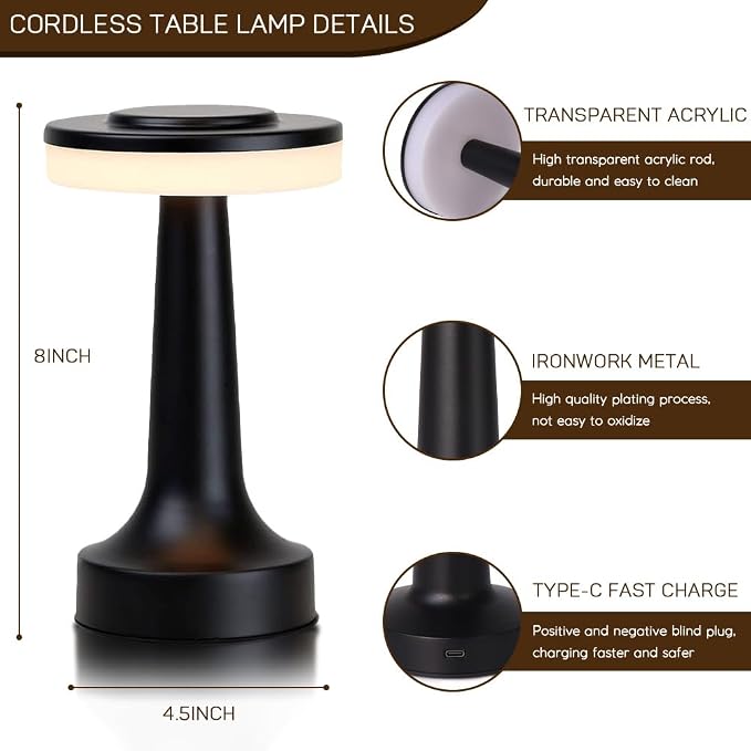 JHPGEOE Cordless Metal Desk Lamp, Touch Sensor Control LED Table Lamp,3 Color Stepless Dimmable Battery Powered Lamp for Living Room, Dorm, Home Office (Black)