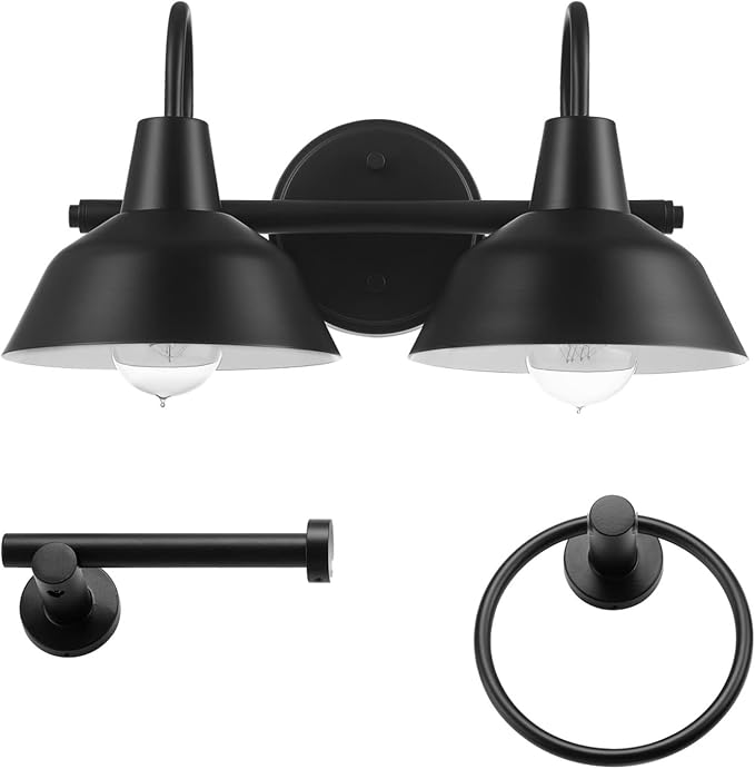 Globe Electric 63000004 3-Piece Bathroom Set, Matte Black, 15.5" 2-Light Vanity Light, Towel Ring, Toilet Paper Holder, Bulb Not Included