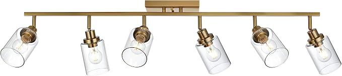 MELUCEE 6 Light Multi-Directional Rotating Track Lighting Kit Brass | Bathroom Vanity Light Fixtures 45.3 Inch Ceiling Spotlight Fixture for Kitchen Foyer Bath, Clear Glass Shade