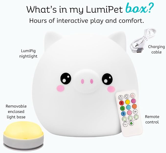Pig Night Light with Remote, Squishy Silicone Lamp for Kids | Tap Control | Rechargeable 9-Color Changing Soft Glow | Nursery Nightlight for Kids | Portable Animal Nightlight | USB Cord
