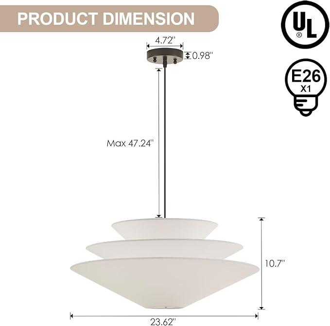 24” Large Off White Linen Fabric Pendant Light 3-Layer Modern Chandelier Adjustable Industrial Pendant Lighting Fixtures for Kitchen Island Dining Room Entryway, UL Listed