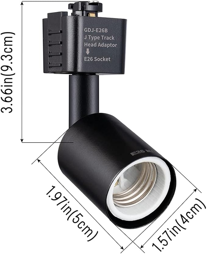 mirrea J Type Track Lighting Head to E26 Medium Screw Base Adapter Light Direction Adjustable Pack of 3 (Black)