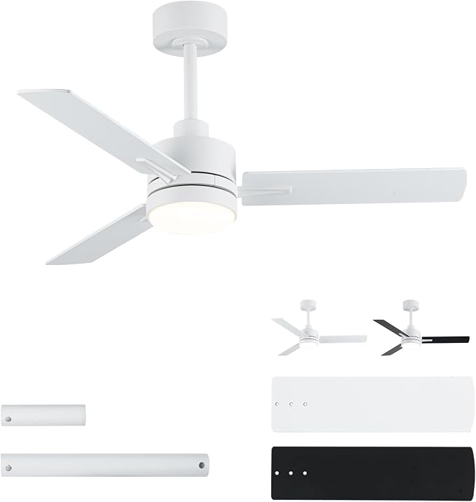 LANMEL Metal Ceiling Fan with Lights and Remote, 42 Inch, White | Modern Low Profile Flush Mount, Reversible, 3CCT Dimmable, Quiet, LED, For Bedroom, Living Room, Indoor/Outdoor Patio Use