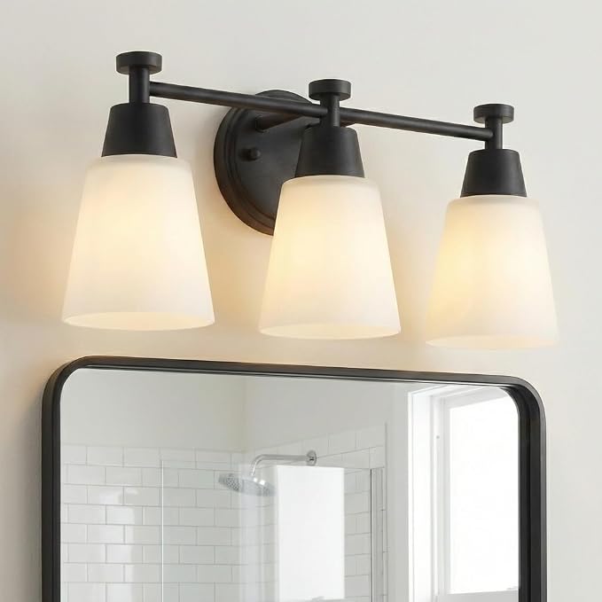 3 Light Bathroom Vanity Light, Modern Matte Black Stainless Steel Over Mirror Vanity Light Fixture with Frosted Glass, Wall Sconces Lighting for Bedroom Living Room