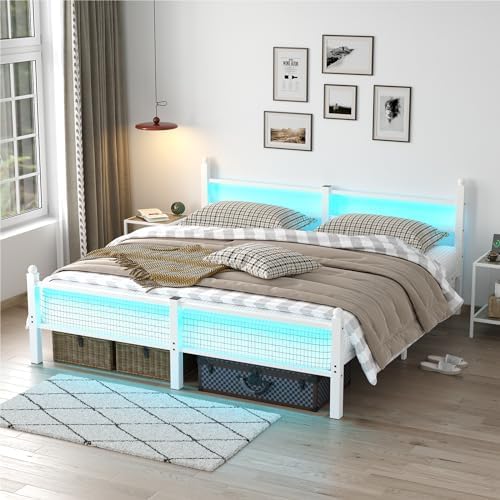CollaredEagle Bed Frame with Headboard and Footboard, Metal Bed Frame with Charging Station and LED Lights, Under Bed Storage, No Box Spring Needed,Noise Free, Black (White, King (U.S. Standard))