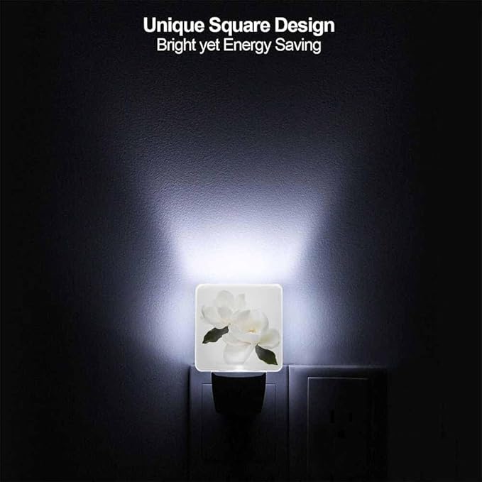 Magnolia Flower Night Light Plug-into Wall White Flowers and Green Leaves Nightlight Lamp with Dusk to Dawn Sensor, Led Lamp 0.5W Energy Efficient for Home Decor