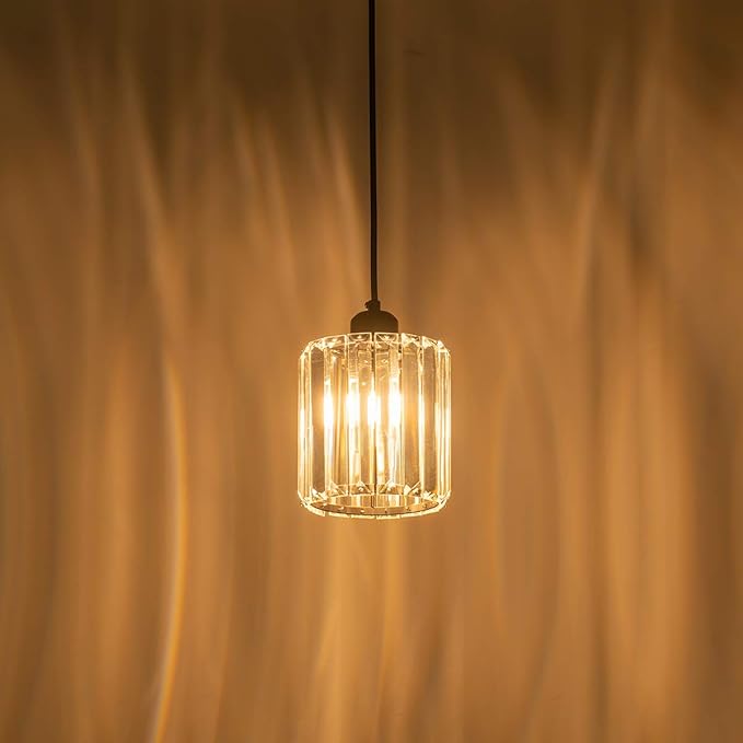 Modern Mini Crystal Pendant Light for Kitchen Island Counter Bar Dining Room Bedroom, Cylinder Crystal Pendant Lighting Fixture, Matte Black Finish