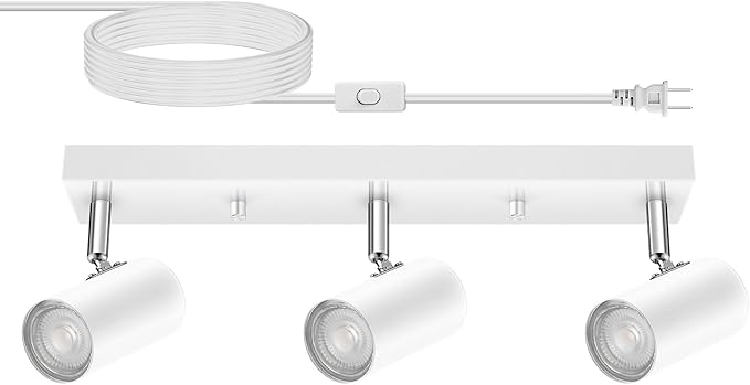 3 Light Track Lighting Kit,White 3 Way Flexible Plug in Ceiling Spotlight,Industrial LED Wall Light for Kitchen Cabinet Gallery Bar Hallway Living Room,Rocker Switch,15 ft Cord(No Bulb)