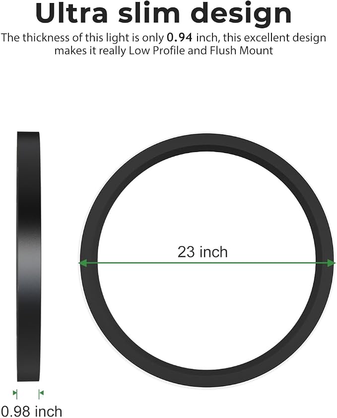 hepside 23INCH Big Dimmable Flush Mount Ceiling Light Fixture Black, 3000/4000/6500K Ceiling Lamp, 50W 5000LM Super Bright Low Profile Light for Bedroom, Kitchen, Bathroom, Hallway